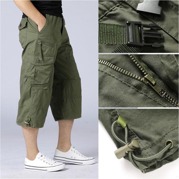

men's shorts summer casual cotton cargo overalls long length multi pocket breeches military pants male tactical short, White;black