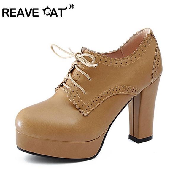 

reave cat women leather high heel pumps shoes for women spring autumn office lady thick heels shoes pumps stilettos a540, Black
