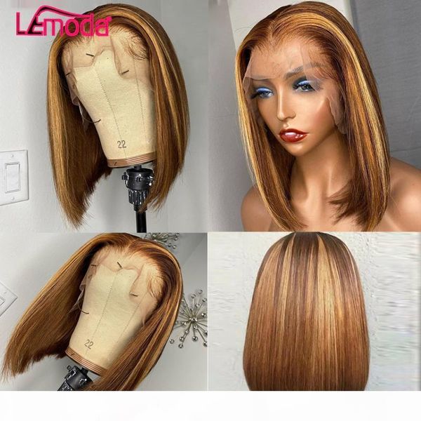 

highlight bob wig short ombre colored human hair wigs brown hair brazilian 150% remy lemoda 13x4 hd tranaparent lace front wig, Black;brown