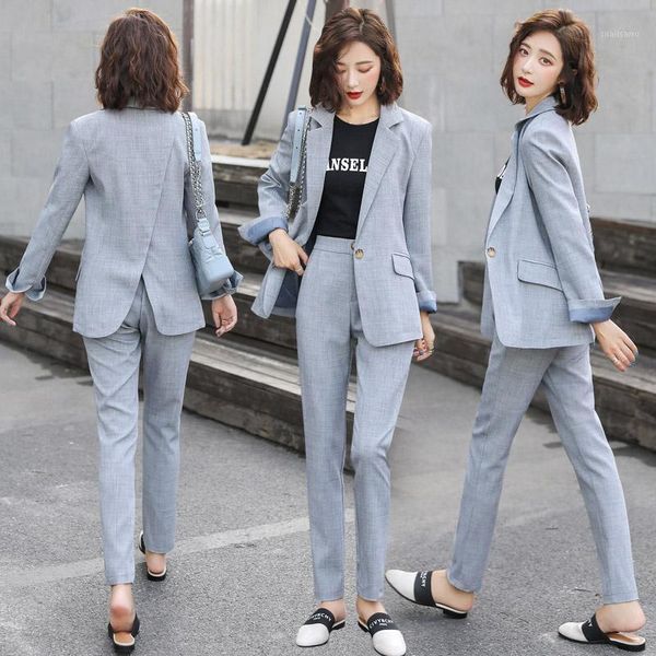 

women suit gray casual blazer & high waist pant office lady notched jacket suits 2021 korean femme 2 pieces set women's two piece pants, White