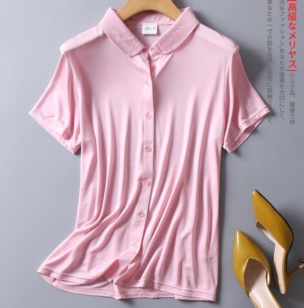 

women's 50% silk 50% viscose knit short sleeve turn-down collar shirt t-shirts -2xl sg318 drop shipping, White