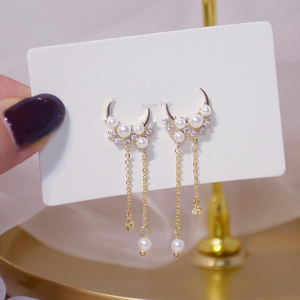 

stud 2021 korean moon pearl zircon earrings for women elegant crystal flower cherry blossoms earring anniversary wedding jewelry, Golden;silver