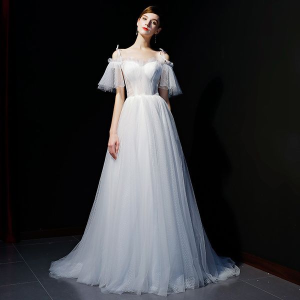 

2021 new ensotek dot tulle off shoulder wedding es a line fashion bohemian bridal gowns pleats shimmy vestido de noivas tce5, White