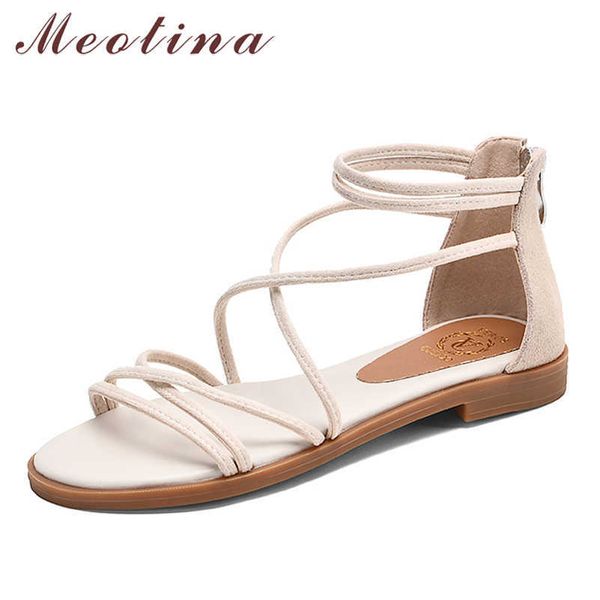 

meotina women shoes narrow band kid suede sandals round toe flat shoes zip cross-tie female footwear summer black big size .5 210608