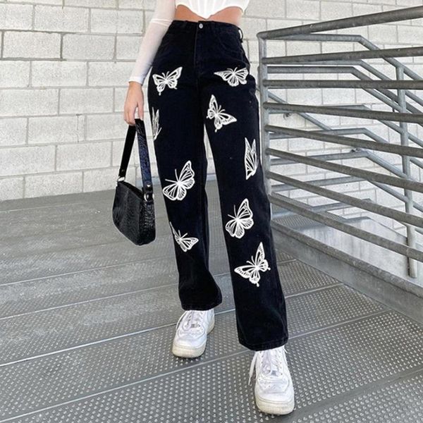 

women's jeans women high waist denim trousers loose solid color butterfly print causal vintage pants pantalones de mujer, Blue