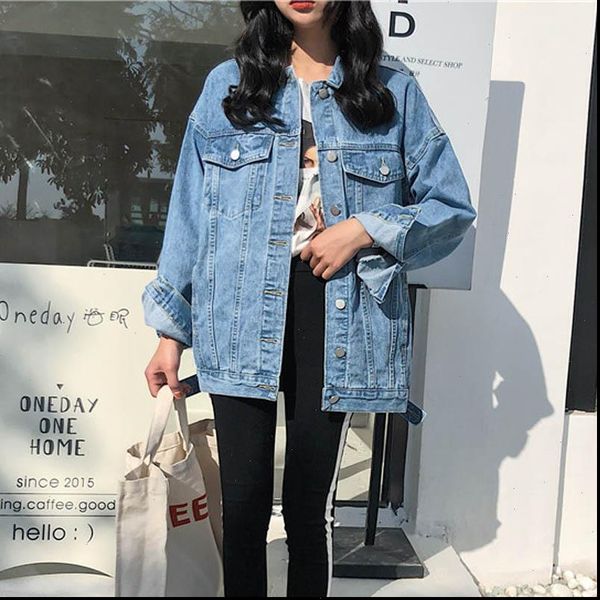 

2021 women basic turn down collar jean jacket loose casual lady coats female outwear denim feminine winter blue denim jacket, Black;brown