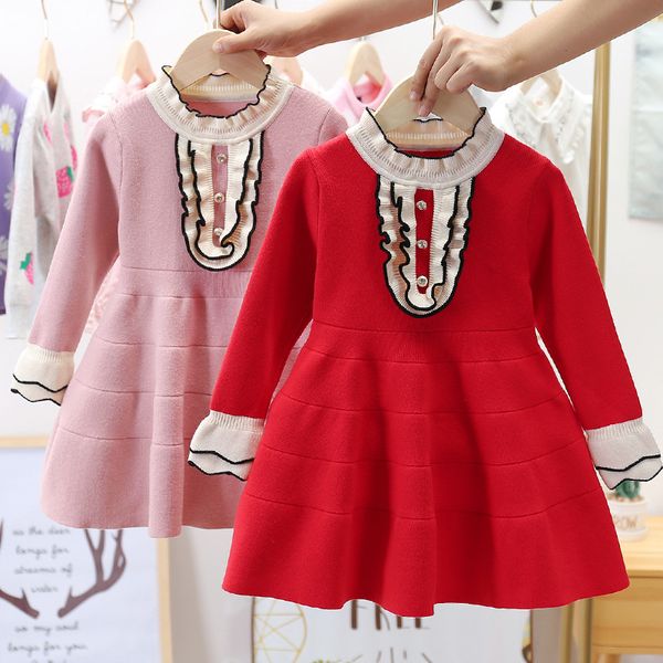 

christmas girls dress 2020 autumn winter new girl baby knitting sweater dress western style sweater princess dress for 4-10 age, Red;yellow