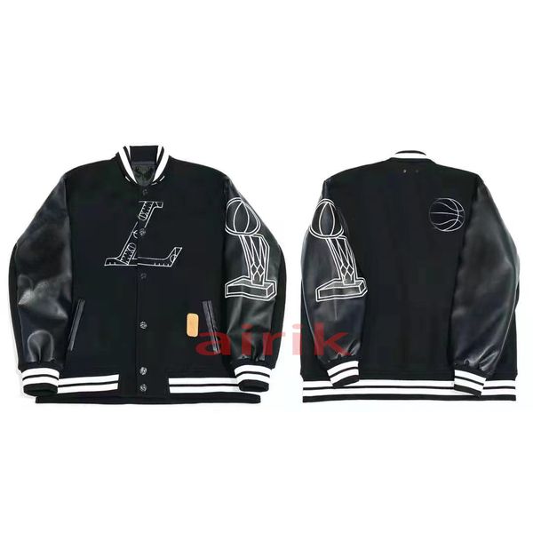 

2023 men's outerwear & coats designer exclusive jacket version leather stitched basketball logo logo bomber, Black;brown