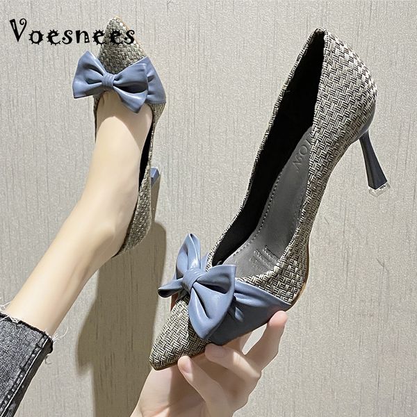 

2021 new fashion bowknot stiletto pumps pointed toe weave high heels six inches flat women's party shoes l6yu, Black