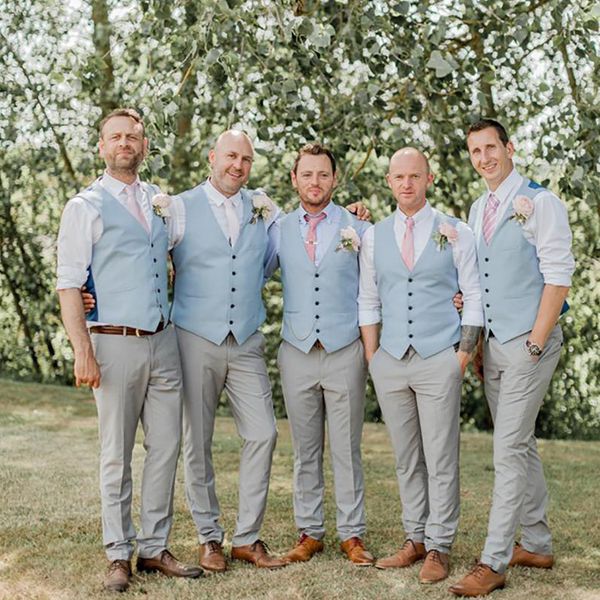 

fashion sky blue country groom vests mens wedding tuxedos slim fit groomsmen vest farm prom dress waistcoat plus size, Black;gray