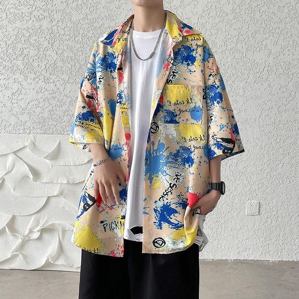 

men's casual shirts printed graffiti short sleeve shirt men fashion loose beach half-sleeved thin coat clothes, White;black