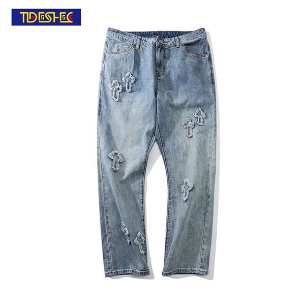 

men fashion high street trousers embroidery cross jeans /women streetwear loose hiphop casual clothing 211108, Blue