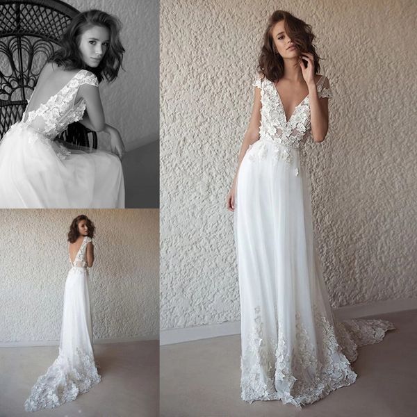 Boho Robe De Mariée Floral Dentelle Appliques 2021 Plage Tulle Une Ligne Robes De Mariée Cap Manches Col En V Sexy Dos Nu Robes De Mariée Pays Rustique Robes De Mariée AL9509