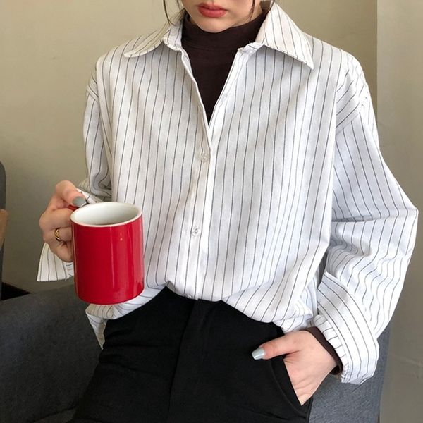 

women striped shirt long sleeve spring summer new fashion casual loose shirts female streetwear blouse oversize 210225, White