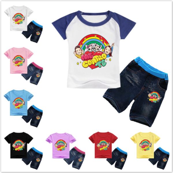 

baby boys summer cartoon me contro te clothes children clothing sets girls short sleeve tshirt+jeans cool denim shorts 2pcs suit, White
