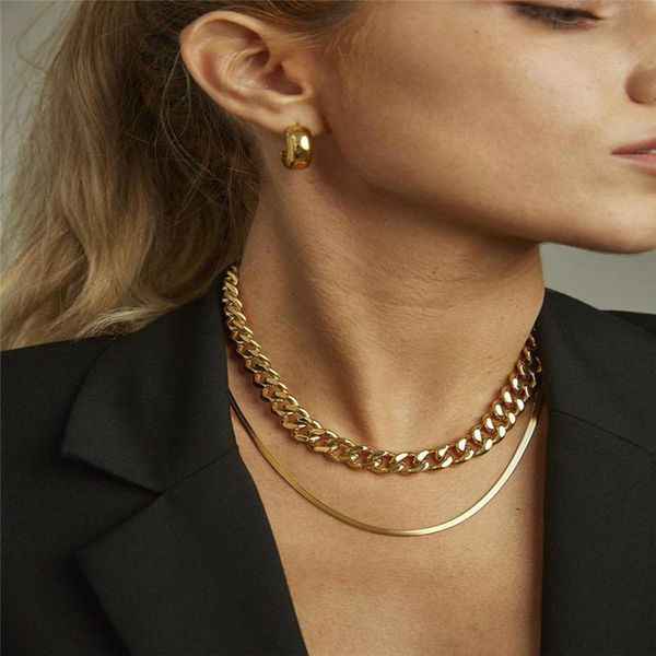 

chains 2pcs/set copper flat blade gold necklaces snake for women multi-layered thick curb chain clavicle choker necklace jewelry, Silver