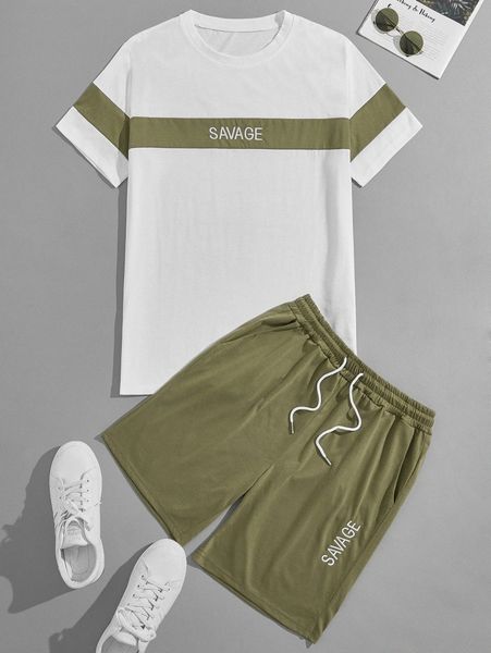 

men letter print round neck tee & drawstring detail shorts set c6bu#, Gray