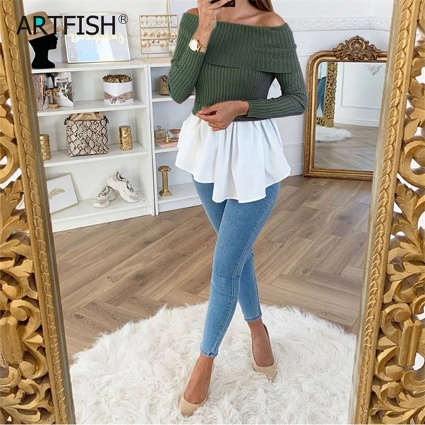 Slash Neck Autunno lavorato a maglia Sweet Ruffles Peplo Top Donna Off spalla Patchwork Camicette casual Donna Blusas Camicie 210302