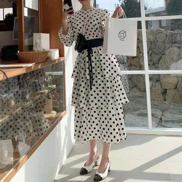 

casual dresses 2021 simplicity round neck dots retro dress korean fashion temperament long sleeve belt loose cupcake women, Black;gray