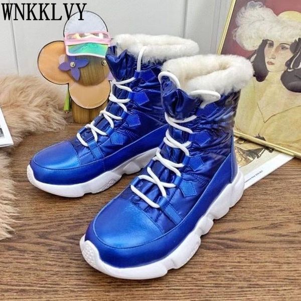 

boots down fur snow women thick sole round toe lace up patchwork ankle botas winter wool lining warm cotton shoes female, Black