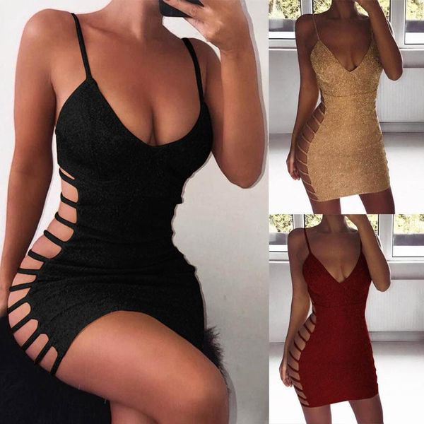 

casual dresses women bodycon slim dress sleeveless v neck spaghetti strap stretchy bandage short mini club party wear vestido, Black;gray