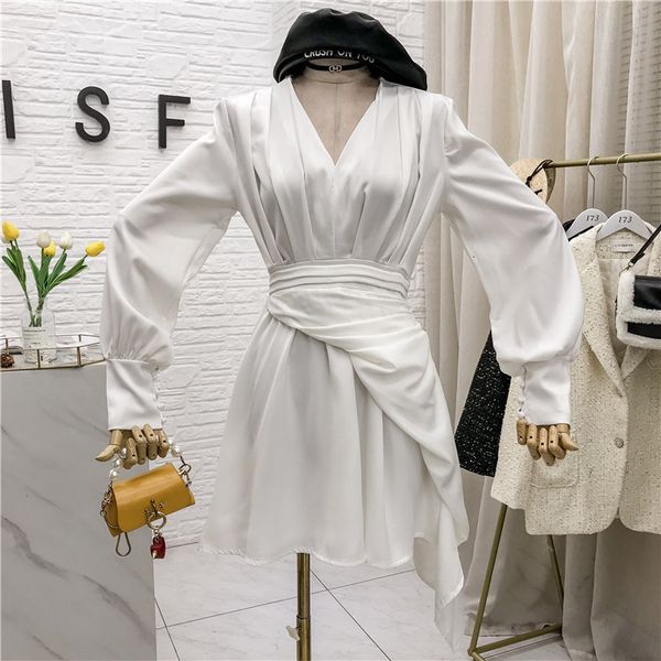 

2021 new spring high v-neck dress female korean of the niche design waist was thin and irregular hiqa, Black;gray