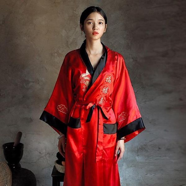 

novelty reversible black red satin women sleepwear kimono handmade embroidery dragon nightgown robe gown two side