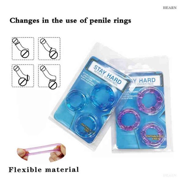 Nxy Cockrings 3pcs Set Silicone Cock Anéis Atraso Ejaculação Estiramento Cockring Controle Extensor Flexível Glue Clue Anel de Penis para Homem 0215