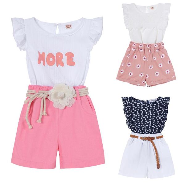

clothing sets summer casual children flowers blue t-shirt + pants girls kids suit for 3-7 years with flower waistban, White
