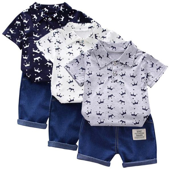 

clothing sets summer toddle baby boys short sleeve crown pattern shirt +denim pants kids gentle outfits formal child boy clothes, White