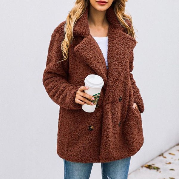 

women's fur & faux women elegant jackets female fashion double breasted teddy coats warm soft overcoats oversized outwear casual solid, Black