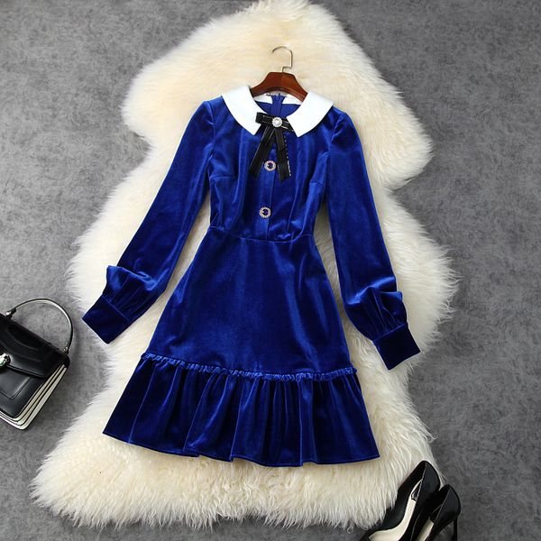 

2021 new spring fashion vintage bow party xl women clothing elegant dress girls ruffled velvet dresses ggpf, Black;gray