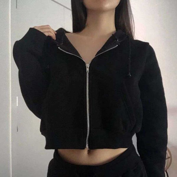 

y2k clothes zip hoodie cotton women cropped long sleeve black vintage pullover drop shoulder zip up drawstring crop hoodies y0820