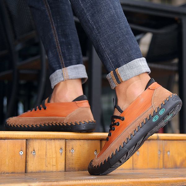 

2020 new mens shoes spring new handmade casual shoes korean outdoor stitching mens shoes fashion cattlehide leather leather agent to j, Black;white