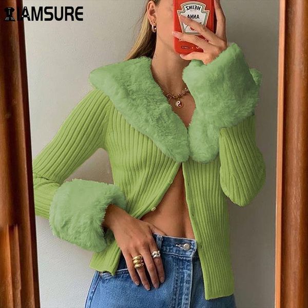 

fur collar green open cardigan women sweater button up ladies cropped knitwear v neck tight crop winter korean, White;black