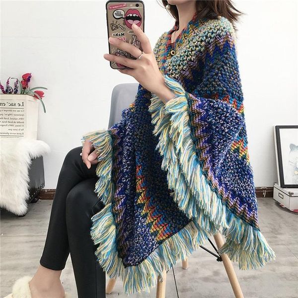 

women's sweaters pullover women knitting poncho capes autumn 2021 female fashion bohemian winter clothing purple sweater, White;black