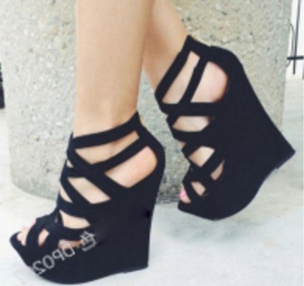 

sandals woman chaussure women wedge pumps platform heels peep toe cross-tied zapatos mujer ladies faux suede shoes f181662, Black
