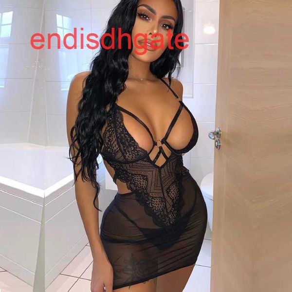 

hollow lace mesh perspective 2021 stitching women's suspender pajama dress, Black;white