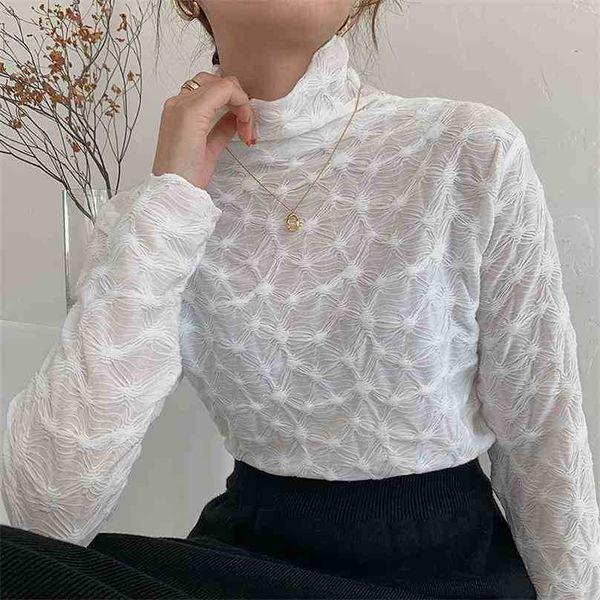 

lace pleated warm full-sleeved pullovers turtleneck retro slimming solid chic basewear gentle t-shirts 210525, White
