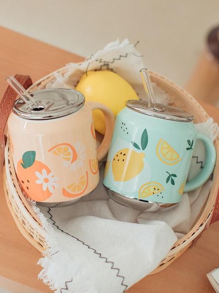 

mugs cup children's office strawberry mug with spoon ceramic water lovely fruit summer straw coffee