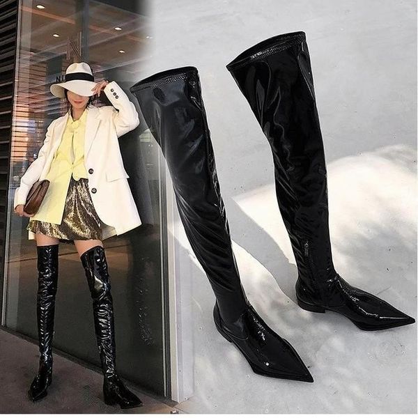 

boots 2021 fashion genuine leather pointed toe thigh stretch patent over the knee women, Black