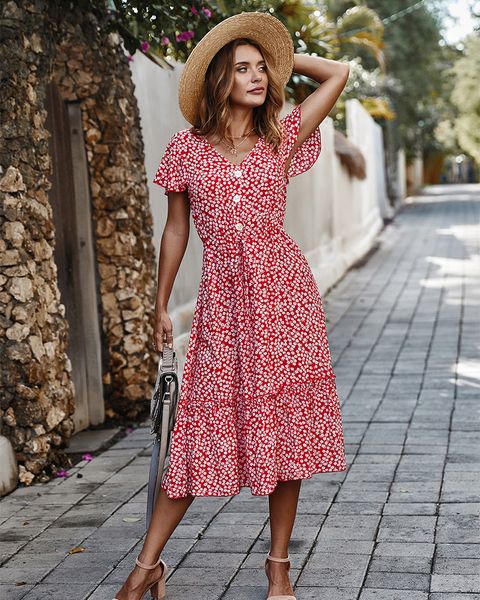 

2021 new womens boho v-neck long red summer vacation dot design beach casual es women 8fh6, Black;gray