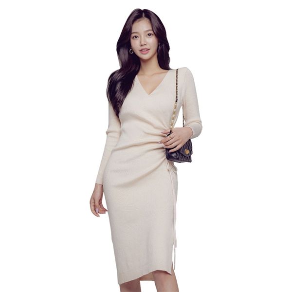Winterbüro Fall Kleid Korea Damen Langarm V-Ausschnitt Party Nacht Midi Dresse für Frauen Mode Kleidung 210602