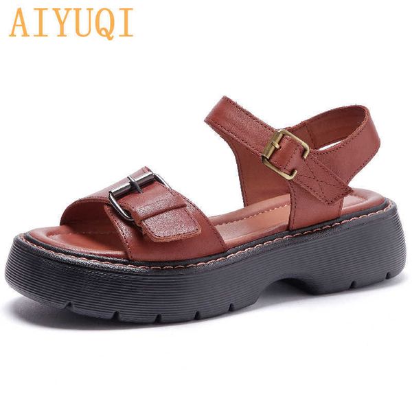

aiyuqi women's sandals genuine leather 2021 summer new thick-soled roman sandals women casual flat sandals women y0721, Black