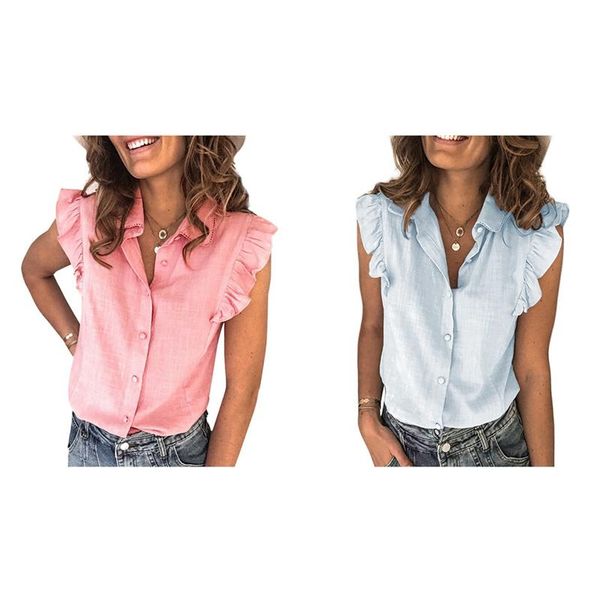

women's t-shirt 2pcs summer ruffled shirt female button elegant sleeveless fashion shirt,pink & light blue s size, White