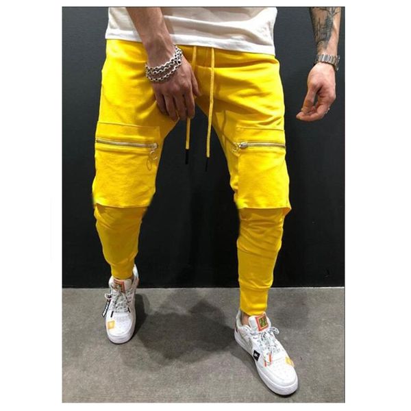 

mens casual joggers brand pants solid thin cargo sweatpants multi-pocket trousers fashion trend male sportswear hip hop harem pencil pant, Black