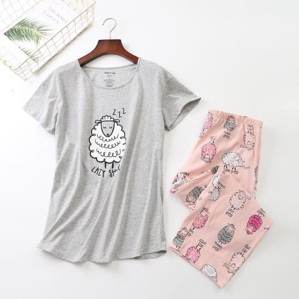 

new 2019 summer women pajamas cotton print pink sheep pajama set capris elastic waist plus size 3xl lounge pijamas s92905, Black;red