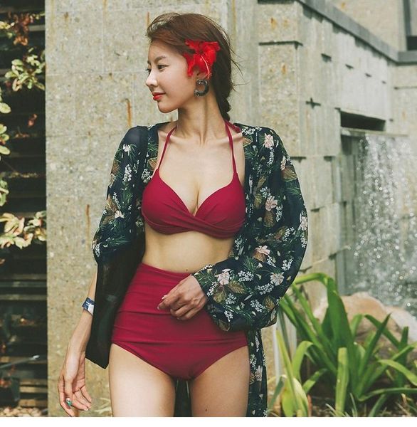

3 piece red swimsuit cover up cross lace up high waisted bikini covered with steel buttonpull split swimming suit for women