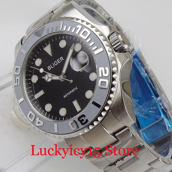 

bliger japan nh35 miyota sapphire crystal self winding men watch wristwatch mental bracelet brushed grey ceramic bezel insert, Slivery;brown