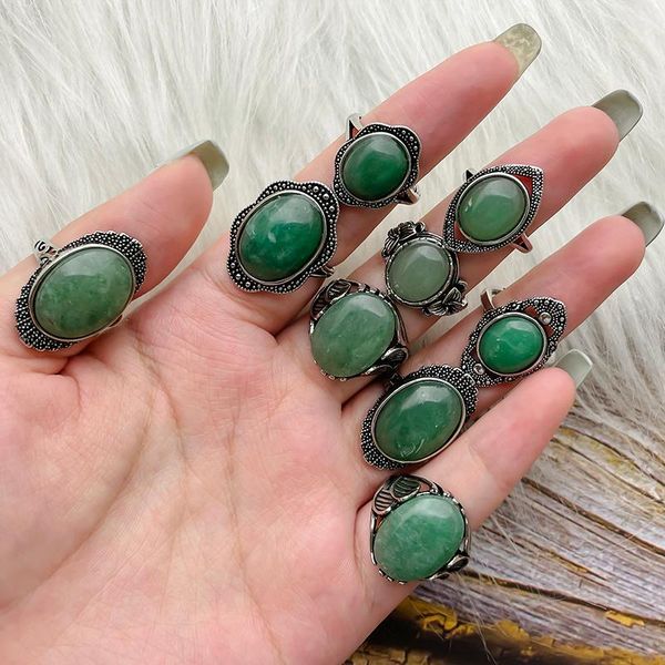 

wedding rings natural stone for women handmade bohemian green aventurine finger jewelry gift charm the birthday party, Slivery;golden
